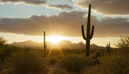 Sunset over the Saguaro National Park in Tucson, Arizonaの素材