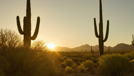 Saguaro National Park, Arizona, USA. Sunset over the Saguaro Cactuses.の素材