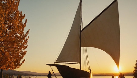 Sailing boat on Lake Balaton at sunset. Hungary, Europeの素材
