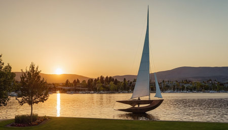 Sailboat on the lake at sunset. Beautiful summer landscape.の素材