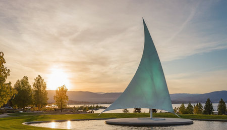 Sailing boat on a lake at sunset, Vancouver, BC, Canadaの素材