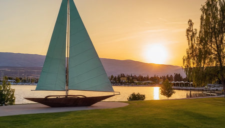 Sailboat on the lake at sunset, Lake Tahoe, Californiaの素材