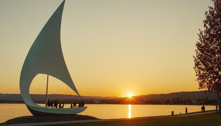 Sailing boat at sunset in the city of Valencia, Spain.の素材