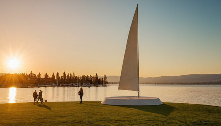 Sailboat on the lake at sunset, Lake Tahoe, Californiaの素材