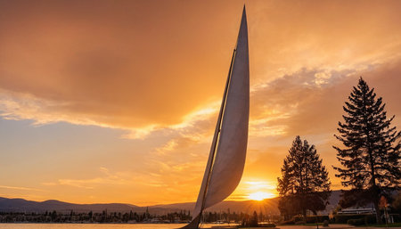 Sailing yacht at sunset on Lake Tahoe, California, USAの素材