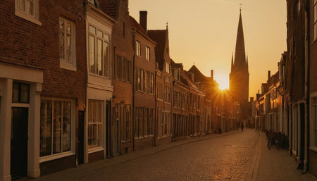 Sunset in the historic center of Bruges, Belgium.の素材
