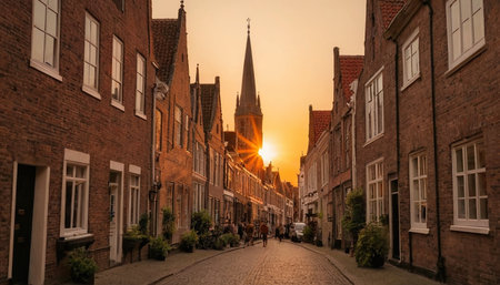 Sunset in the old town of Bruges, Belgium.の素材