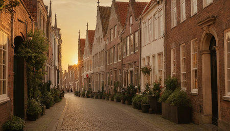 Sunset in the old town of Bruges, Belgium.の素材