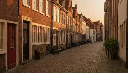 Street in the old town of Bruges at sunset, Belgiumの素材