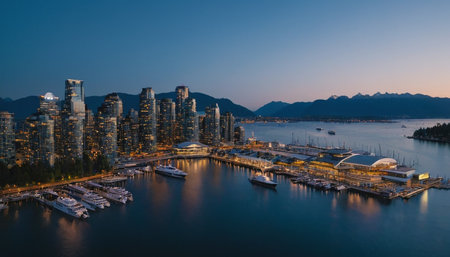 Aerial view of Vancouver, British Columbia, Canada at dusk.の素材