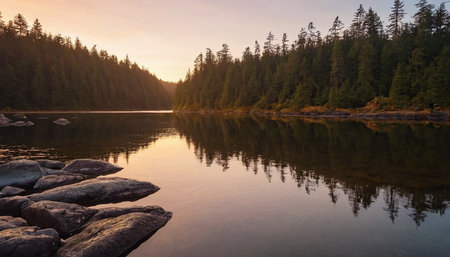 Sunset on the shore of a mountain lake in the summer.の素材