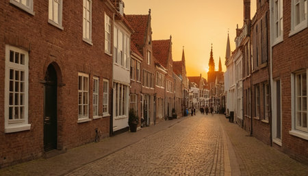 Sunset in the historic center of Bruges, Belgium.の素材