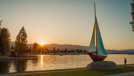 Sailboat on the lake at sunset. Beautiful landscape with sailboat.の素材