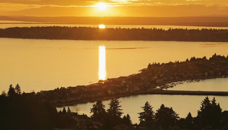 Sunset over the town of Stanley Park, Vancouver, British Columbia, Canadaの素材