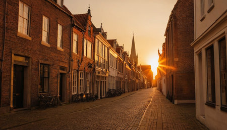 Sunset over old houses in Bruges, Belgium. Long exposure.の素材