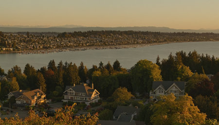 Aerial view of the town of Seattle, Washington, USA.の素材