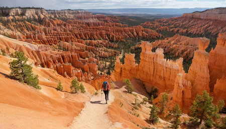 Hiker in Bryce Canyon National Park, Utah, USA. Hiking trail in Bryce Canyon National Park.の素材