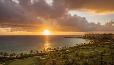 Panoramic view of Waikiki beach at sunset, Honolulu, Oahu, Hawaiiの素材