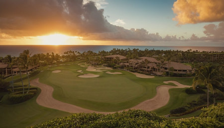 Aerial view of beautiful golf course at sunset, Dominican Republic.の素材