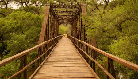 Wooden bridge over the river in the middle of the forest.の素材