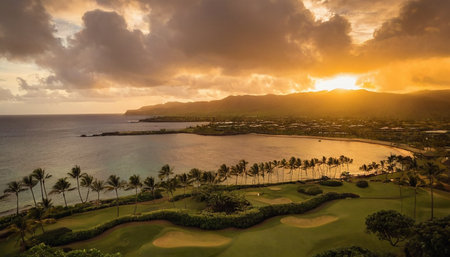 Aerial view of golf course at sunset in Maui, Hawaiiの素材
