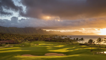Panoramic view of a golf course at sunset on Maui, Hawaiiの素材