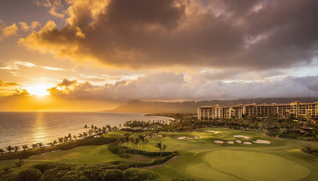 Aerial view of beautiful golf course with sunset in Hawaii, USAの素材