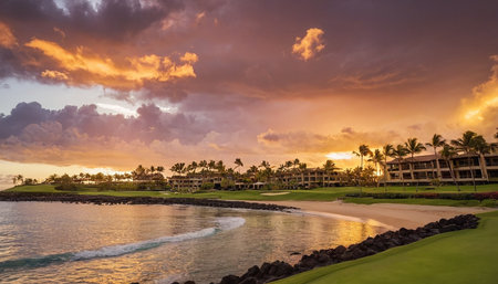 Palm trees and golf course at sunset in Maui, Hawaiiの素材