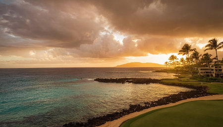 Aerial view of a golf course at sunset in Maui, Hawaii.の素材