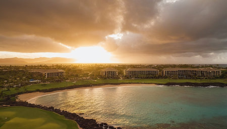 Aerial view of luxury hotel and golf course at sunset in Hawaiiの素材