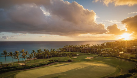 Panoramic view of a beautiful golf course with palm trees and sunsetの素材
