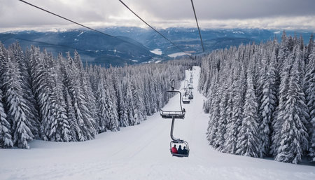 Ski lift in the mountains in winter. Carpathians, Ukraineの素材
