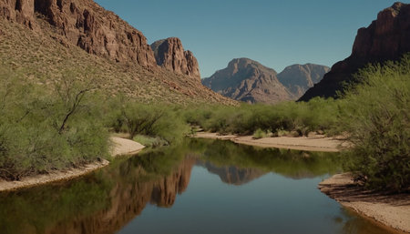 Desert landscape with river and mountains in Wadi Rum, Jordanの素材