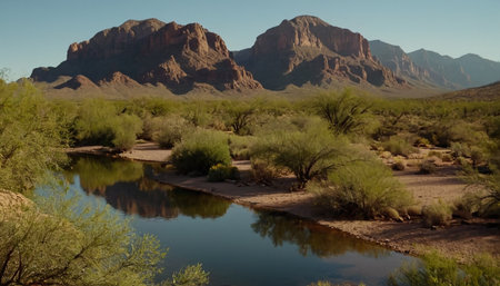 Desert landscape with a river and mountains in the background, USAの素材