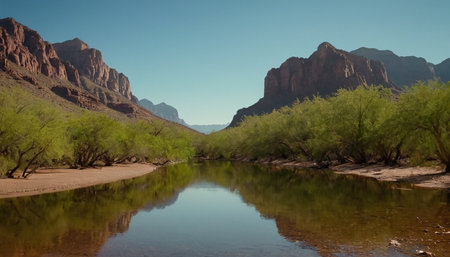 Desert landscape with a river in the foreground and mountains in the backgroundの素材