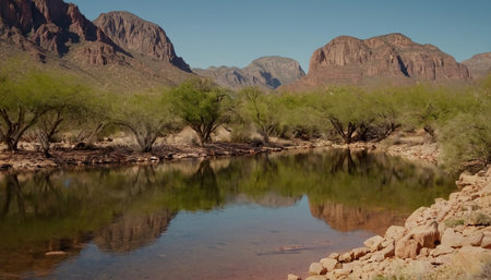 Reflection of the mountains in the water of the Jordan River.の素材