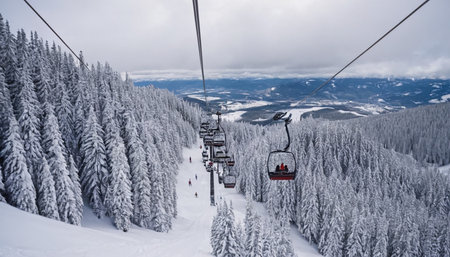 Ski lift in the mountains. Ski resort in the Carpathiansの素材