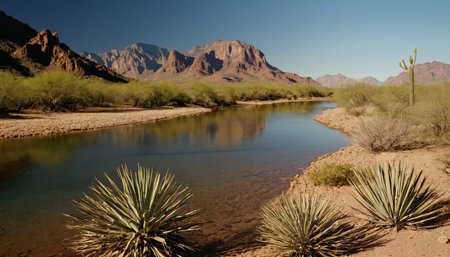 A panoramic view of a river in the Mojave Desertの素材