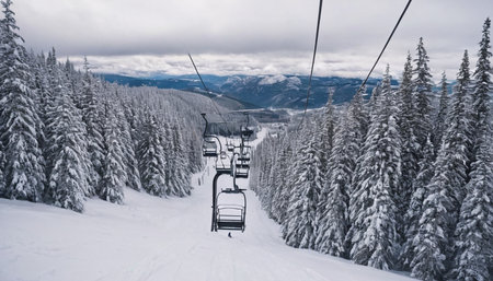 Ski lifts in the mountains in winter. Ski resort in Carpathians, Ukraineの素材