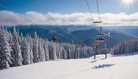 Ski lift in the mountains in winter. Carpathians, Ukraineの素材