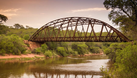 Old rusty metal railway bridge over the river at sunset in Kruger National Park, South Africaの素材