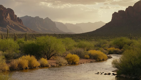 Arizona desert landscape with a river in the foreground and mountains in the backgroundの素材