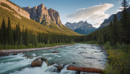 Mountains and river in Banff National Park, Alberta, Canadaの素材