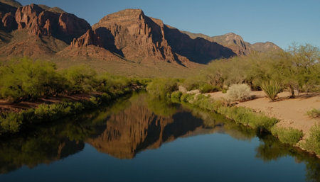 Desert landscape with a river in the foreground and a blue skyの素材