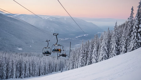 Ski lifts in the mountains at sunset. Ski resort in Carpathians, Ukraineの素材