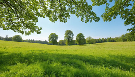Green meadow with trees and blue sky in springtime. Nature backgroundの素材