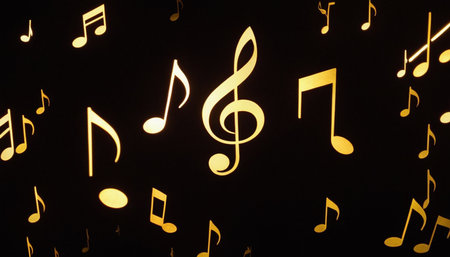 Music notes on a black background. Music background with musical notes.の素材