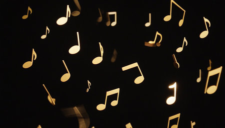 music notes on a black background in the night. music background.の素材