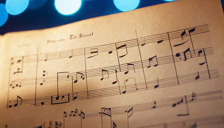 Musical notes on the old book with blue bokeh backgroundの素材