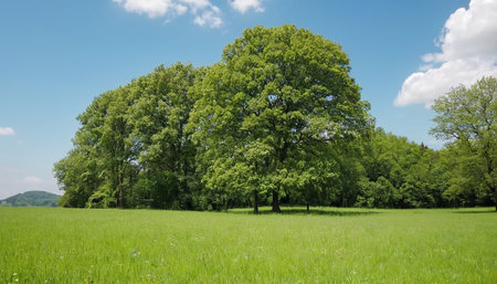 Green meadow with trees and blue sky with white clouds in summerの素材